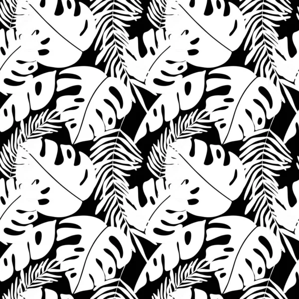 Тропические Листья Векторной Бесшовной Картины Черно Белый Орнамент Пальмовых Листьев — стоковый вектор