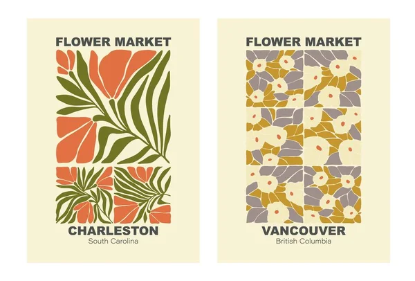 Abstract Botanical poster set, flowers and branches. Modern style. Flower Market poster concept template perfect for postcards, wall art, banner. Flower Garden.