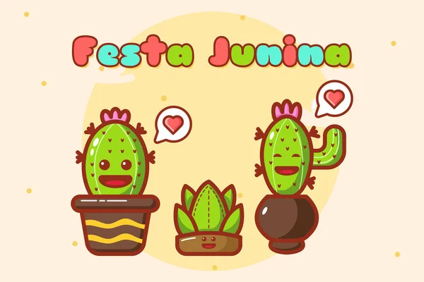 Festa Junina Cute Kawaii Cactus Love — Vector de stock