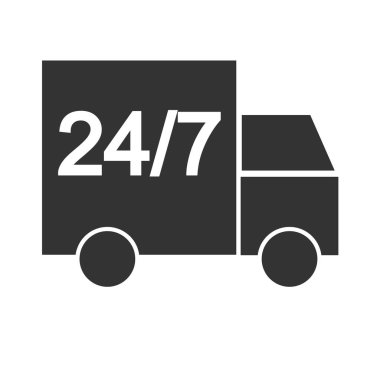 7 / 24 teslimat servisi ikonu. Kamyon servisi çizim sembolü. Kargo kurye vektörünü imzala.