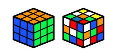 Rubik Küp simgesi. Bulmaca oyunu çizim sembolü. Zor renk kutusu vektörünü imzala.