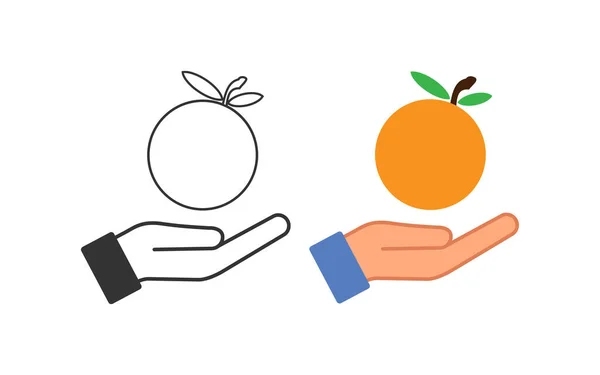 开放的手掌图标中的橙色 给出了切线图解符号 用水果载体进行签名处理 — 图库矢量图片
