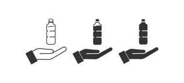 Açık el ve plastik şişe ikonu. El ve soda sembolü. Su vektörünü imzala.