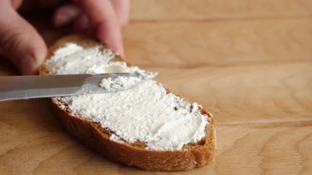 Spread Sour Milk Cheese Slice Bread Knife — Vídeo de Stock