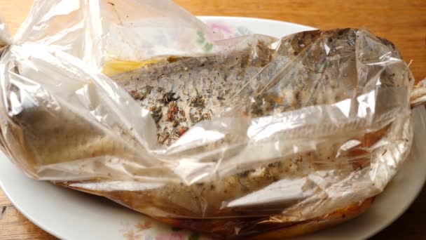 Stuffed Fish Spices Baked Baking Bag Cooked Seafood Dishes — Vídeo de Stock
