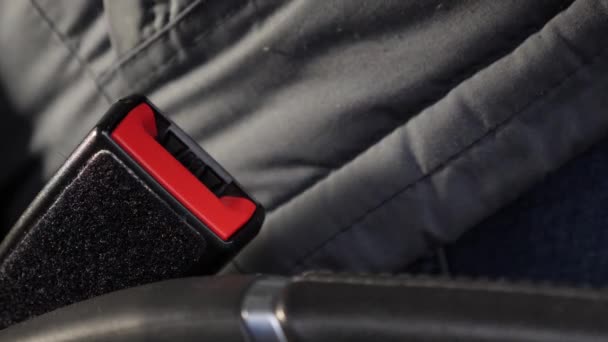 Man Sitting Car Wheel Fastens His Seat Belt Concept Safe — Vídeo de stock