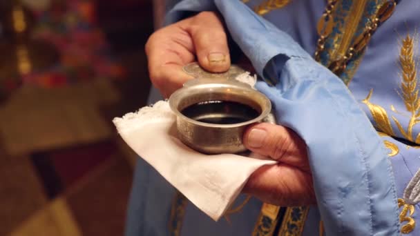 Priest Holds His Hands Cup Wine Church Worship — Vídeo de stock