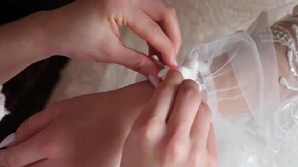 Friend Helps Bride Fasten Buttons Sleeve Wedding Dress — Stock Video