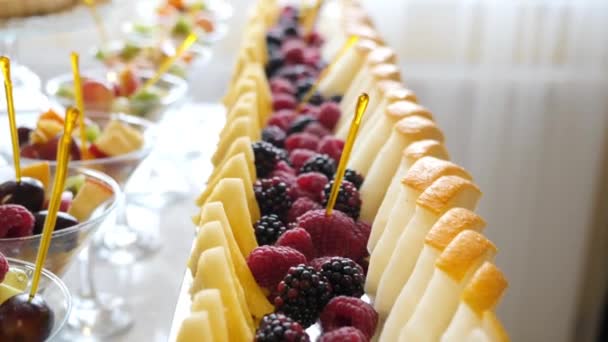 Sweet Buffet Table Raspberries Blackberries Melons Pineapples Sliced Aesthetically Laid — Wideo stockowe