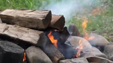 Ateş açın. Piknikte et pişirmek.