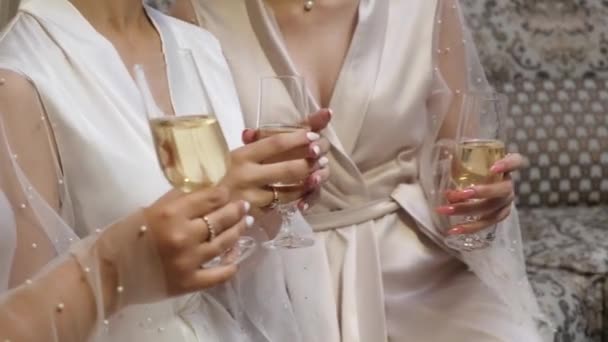 Три Дівчини Тримають Келихи Білого Шампанського — стокове відео