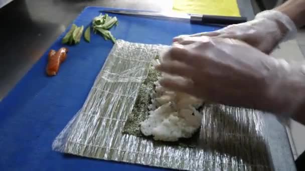 Cooking Preparation Sushi Rolling Rice — стоковое видео