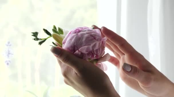 Bride Holds Boutonniere Flower Her Hands Gently Touches Petals Her — Wideo stockowe