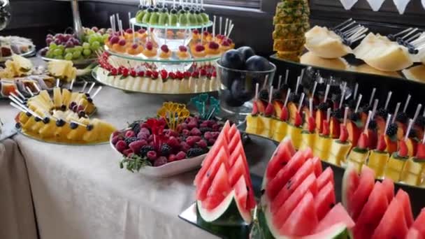 Sweet Buffet Table Different Fruits Dessert Decoration Buffet Table — Stok Video