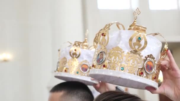 Friends Bride Groom Hold Crowns Heads Church Wedding — Stok video