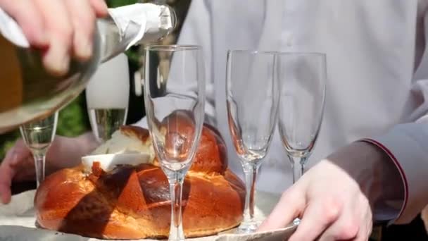 Man Pours White Champagne Glasses Tray — Wideo stockowe