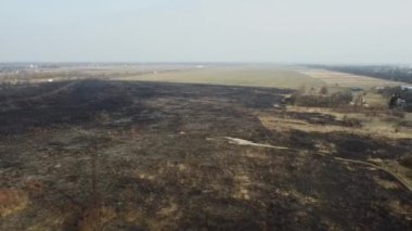 Large volumes of burnt grass in the fields aerial view.