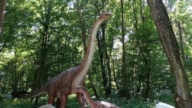 Two dinosaurs (brachiosaurs) are large and smaller in the woods.