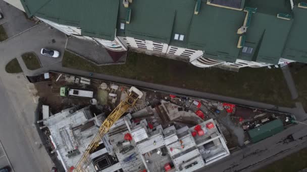 Work Construction Site Aerial View Workers Construction Equipment Process — стоковое видео