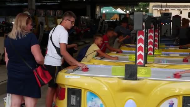 People Gamble Air Hockey Try Best Score Puck Opponent — Stockvideo