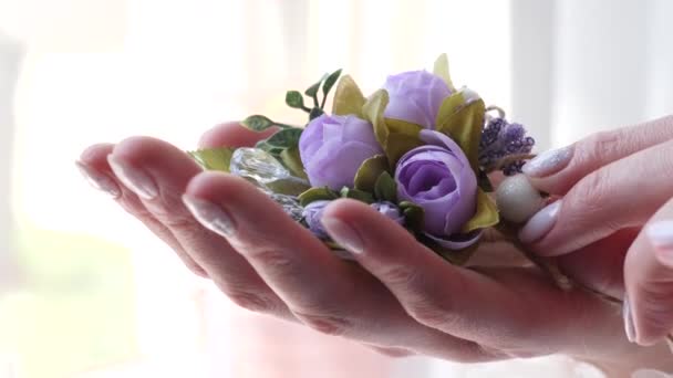 Woman Gently Touches Bouquet While Holding Her Hand Preparing Celebration — Stok video