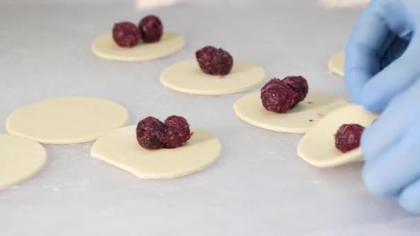 Making Stucco Dumplings Cherries Teamwork Kitchen Home Cuisine — стоковое видео