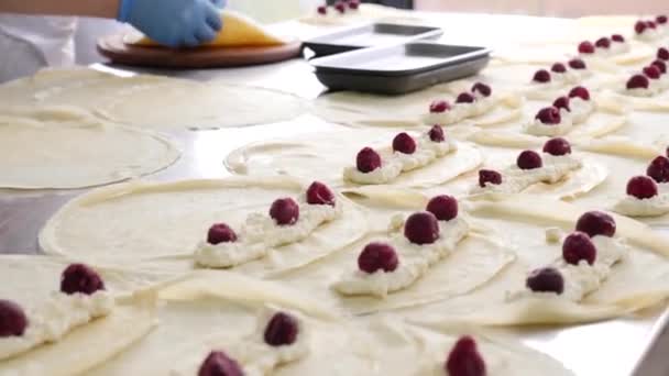 Preparation Pancakes Cheese Cherries Homemade Dishes European Cuisine — Stockvideo