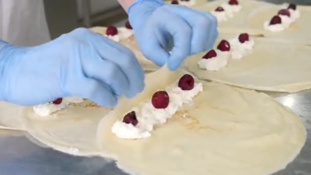 Preparation Pancakes Cheese Cherries Homemade Dishes European Cuisine — стоковое видео