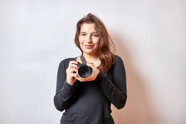 Beautiful Girl Takes Pictures Digital Camera — Stock Photo, Image