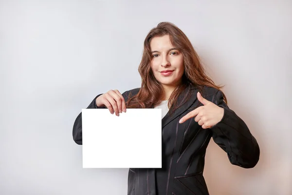 Pretty Girl Holding Banner White Billboard — Zdjęcie stockowe