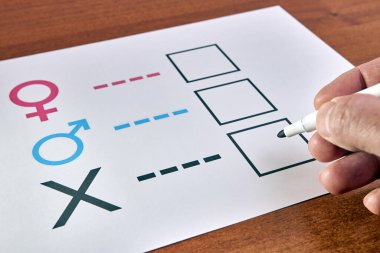 Kağıt üzerinde cinsiyet araştırması yapan genç bir kadın. 