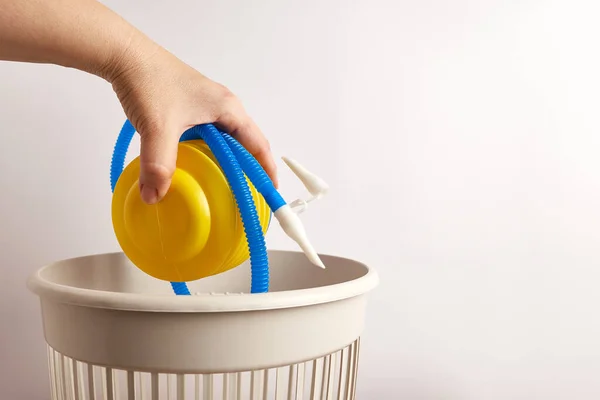 Person Throwing Away Plastic Objects Trash Bin — Photo