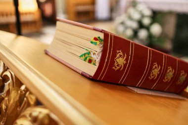 Masada bir sürü renkli yer imi olan büyük bir kitap var..