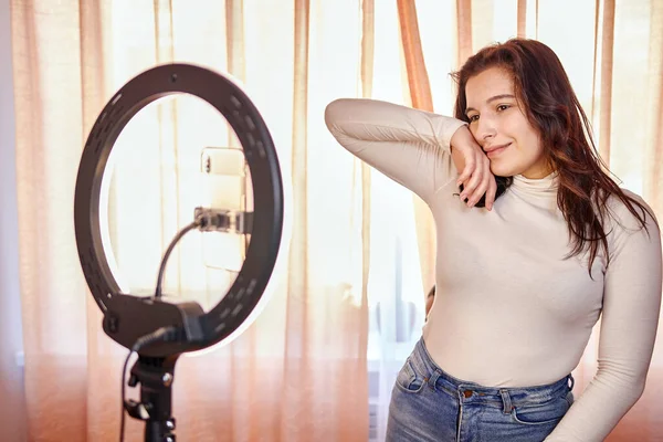 Young Woman Taking Selfie Room — Stock Photo, Image