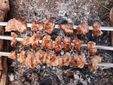 Açık ateşte et şişi pişirmek. Yaz tatili şehir dışında..