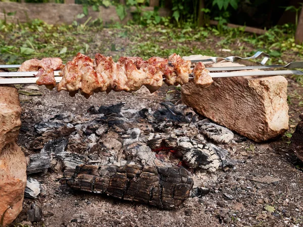 Cocinar Brochetas Carne Fuego Abierto Vacaciones Verano Fuera Ciudad — Foto de Stock