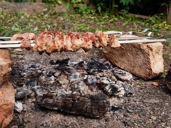 Cocinar Brochetas Carne Fuego Abierto Vacaciones Verano Fuera Ciudad — Foto de Stock