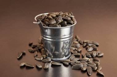 Ayçiçeği tohumlarıyla dolu küçük bir kova.