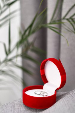 Kırmızı bir çantada beyaz altın alyanslar.