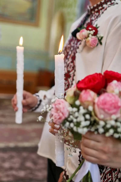 Bride Groom Hold Lit Candles Hands Church Wedding —  Fotos de Stock