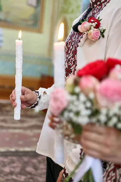 Bride Groom Hold Lit Candles Hands Church Wedding —  Fotos de Stock