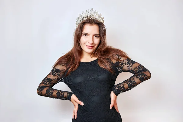 Beautiful Girl Black Dress Crown Her Head Beauty Contest Concept — Stock Photo, Image