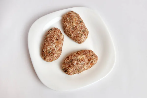 Raw Cutlets Minced Meat White Plate — Stockfoto