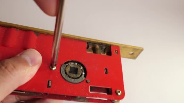 Worker Repairs Interior Door Lock Housework Concept — Stock Video