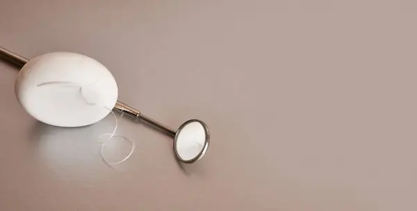 Dental Mirror Dental Floss Gray Background Dental Care — Stock Fotó