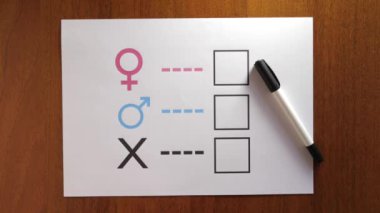 Bir insan cinsiyetine göre belirlenir. Cinsiyet sembollü bir sayfa kağıt. Kişinin kimlik hakkı..