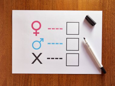 Bir insan cinsiyetine göre belirlenir. Cinsiyet sembollü bir sayfa kağıt. Kişinin kimlik hakkı..