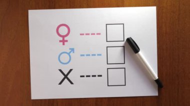 Bir insan cinsiyetine göre belirlenir. Cinsiyet sembollü bir sayfa kağıt. Kişinin kimlik hakkı..