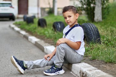 Handsome little boy sitting and posing for the camera. Carefree childhood.