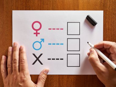 Bir insan cinsiyetine göre belirlenir. Cinsiyet sembollü bir sayfa kağıt. Kişinin kimlik hakkı..